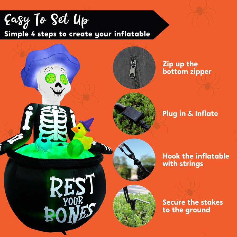 5 FT Halloween Inflatable Skeleton Cauldron with Bubble Machine & LED Lights – Outdoor Blow Up Yard Decoration