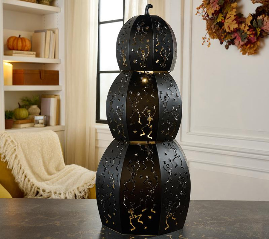 Home Reflections Set of 3 Lighted Metal Stackable Skeleton Pumpkins – Halloween Indoor/Outdoor Decoration