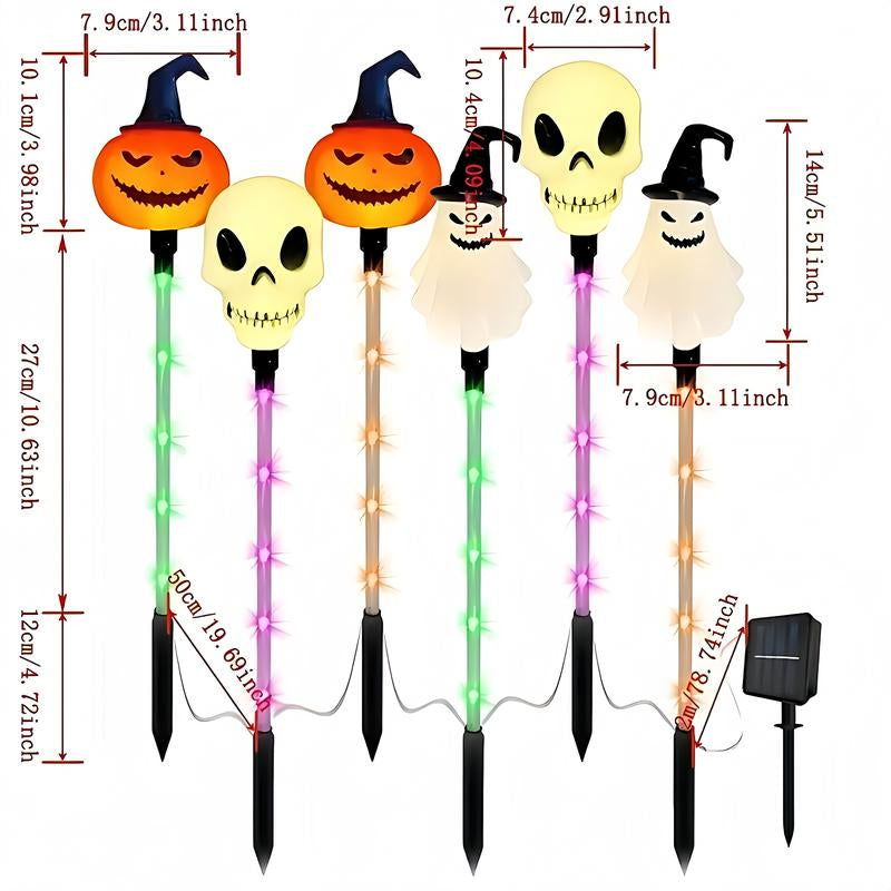 6 Pack Halloween Solar Pumpkin & Skull Lights – IP44 Waterproof Ground Stakes for Pathways, Lawns, Courtyards & Spooky Party Décor