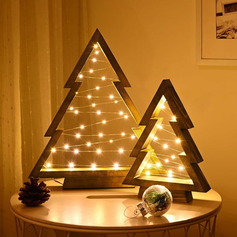 Modern Farmhouse Wooden Christmas Tree Set of 2 with Lights – Tabletop, Mantel & Shelf Holiday Décor Gift