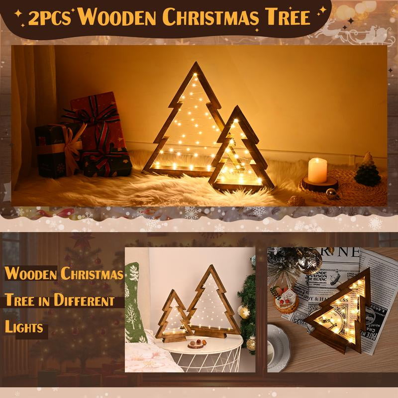 Modern Farmhouse Wooden Christmas Tree Set of 2 with Lights – Tabletop, Mantel & Shelf Holiday Décor Gift