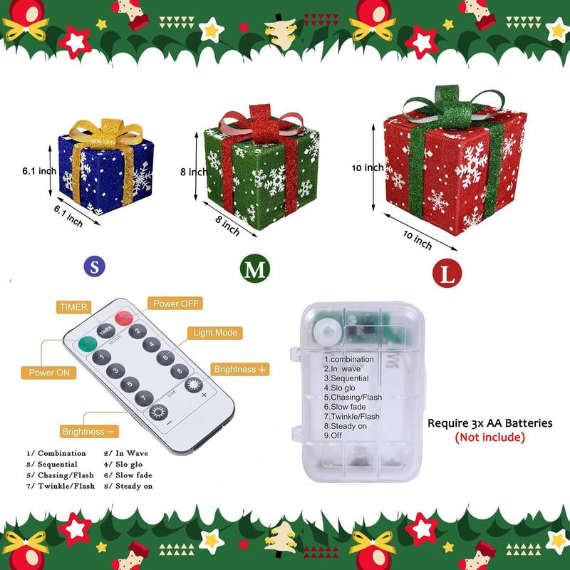3 Piece Christmas Lighted Gift Box Set with Remote – Festive Ribbon Decorations with Warm Glow for Indoor/Outdoor Use