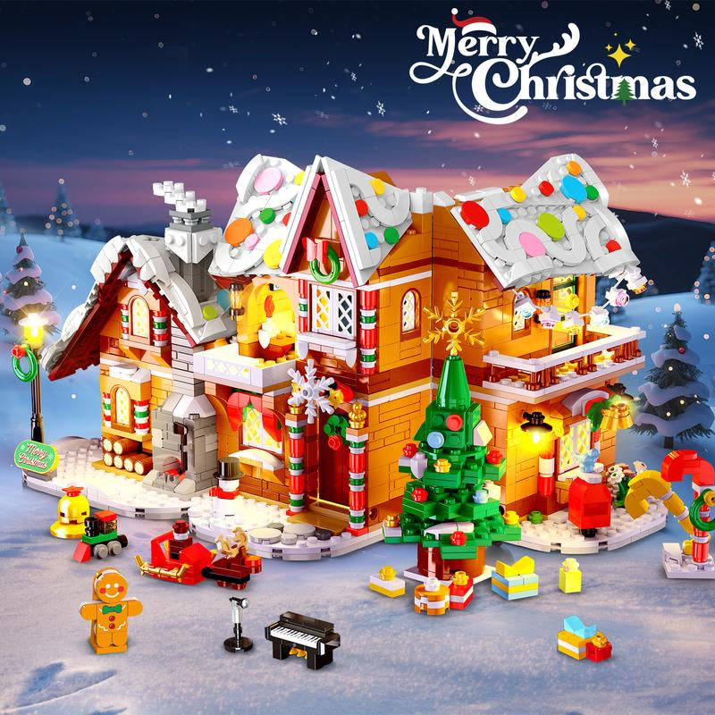 2025 Christmas Snowscape Village Building Set – Gingerbread House with LED Lights, Santa, Xmas Tree & Train, 1477 PCS, Gift for Kids & Adults 6+