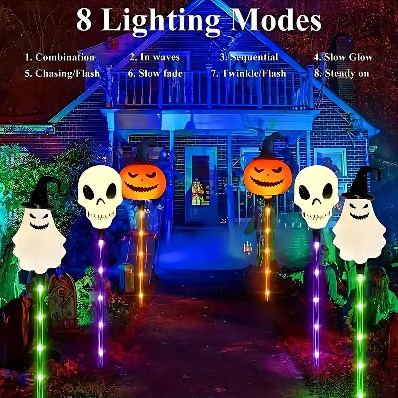 6 Pack Halloween Solar Pumpkin & Skull Lights – IP44 Waterproof Ground Stakes for Pathways, Lawns, Courtyards & Spooky Party Décor