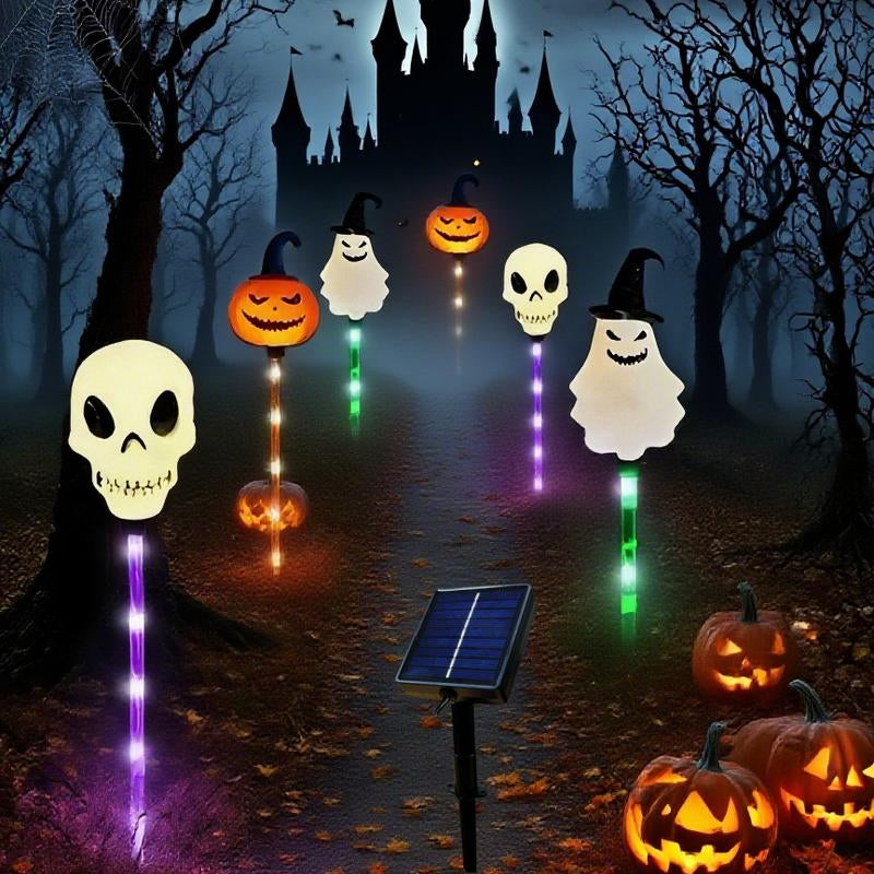 6 Pack Halloween Solar Pumpkin & Skull Lights – IP44 Waterproof Ground Stakes for Pathways, Lawns, Courtyards & Spooky Party Décor