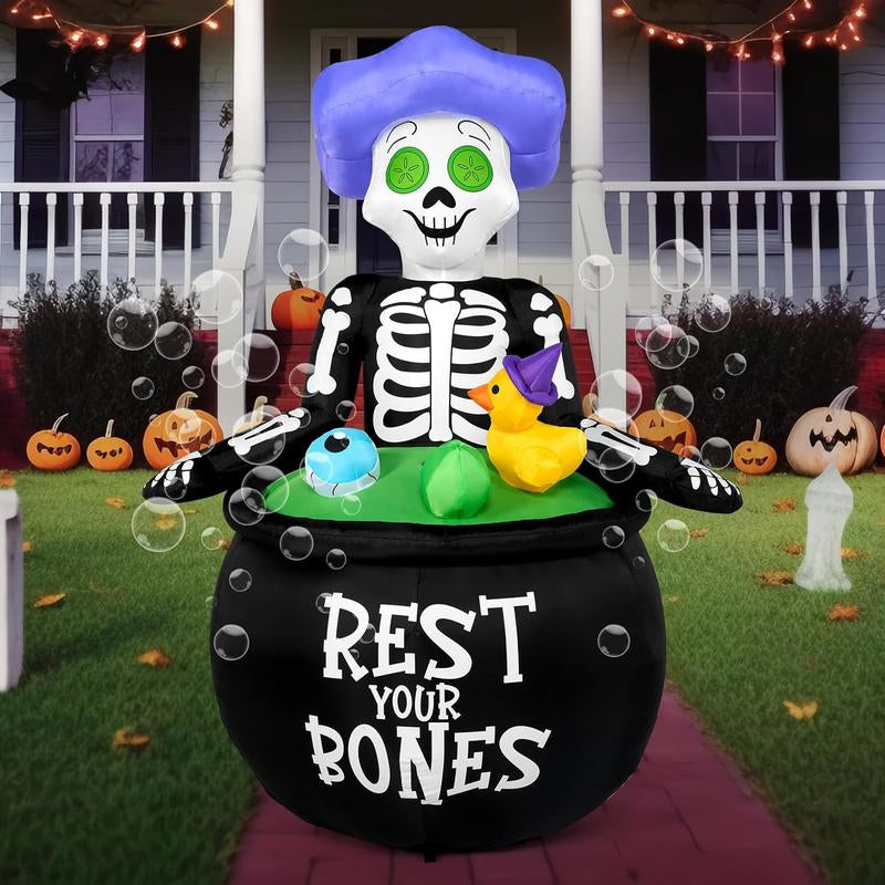 5 FT Halloween Inflatable Skeleton Cauldron with Bubble Machine & LED Lights – Outdoor Blow Up Yard Decoration