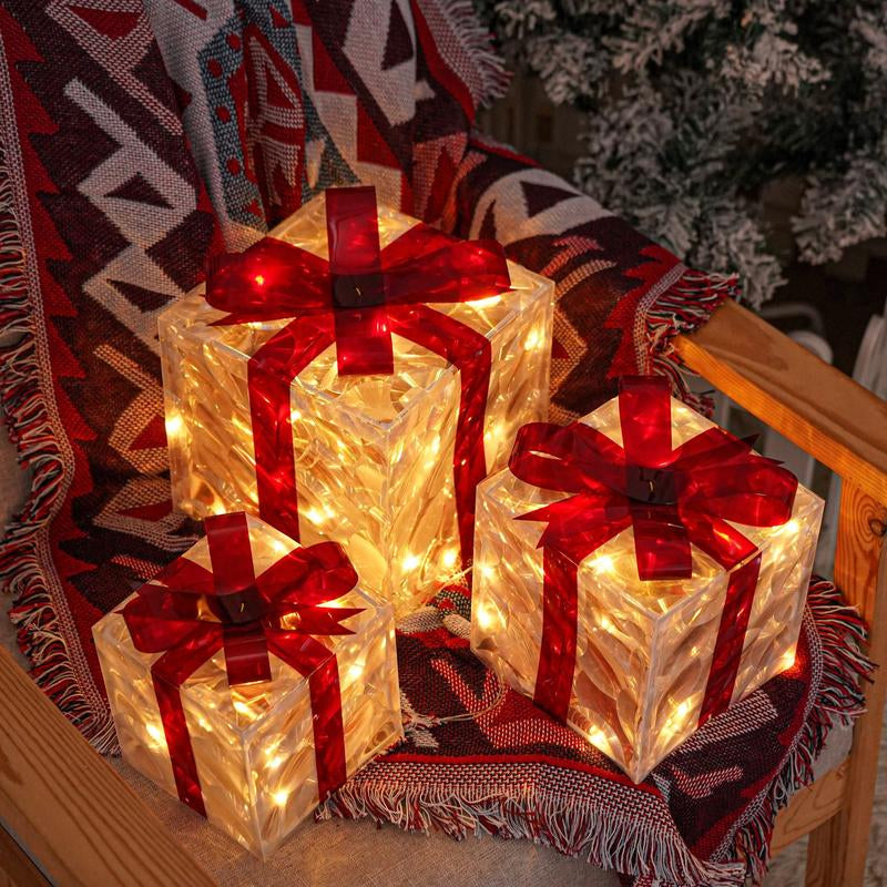3 Piece Christmas Lighted Gift Box Set with Remote – Festive Ribbon Decorations with Warm Glow for Indoor/Outdoor Use