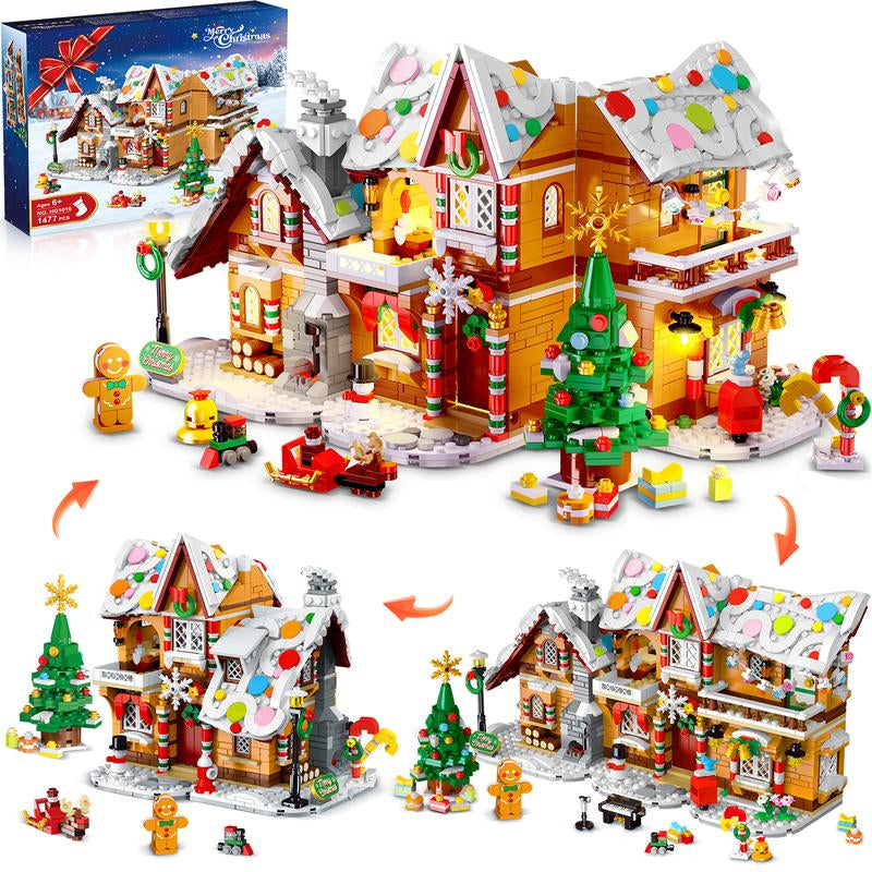 2025 Christmas Snowscape Village Building Set – Gingerbread House with LED Lights, Santa, Xmas Tree & Train, 1477 PCS, Gift for Kids & Adults 6+