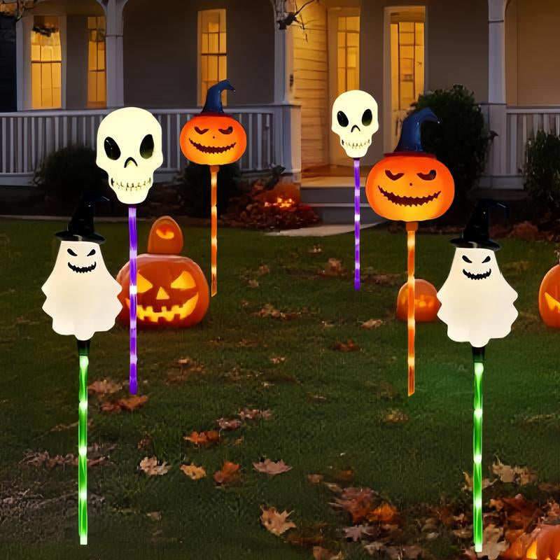 6 Pack Halloween Solar Pumpkin & Skull Lights – IP44 Waterproof Ground Stakes for Pathways, Lawns, Courtyards & Spooky Party Décor