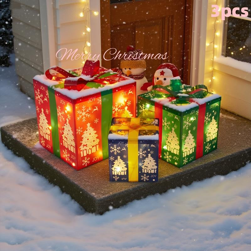 3 Piece Christmas Lighted Gift Box Set with Remote – Festive Ribbon Decorations with Warm Glow for Indoor/Outdoor Use