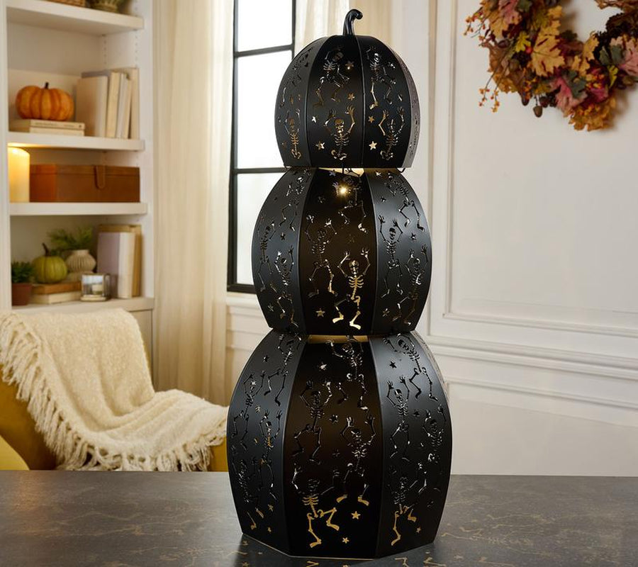 Home Reflections Set of 3 Lighted Metal Stackable Skeleton Pumpkins – Halloween Indoor/Outdoor Decoration