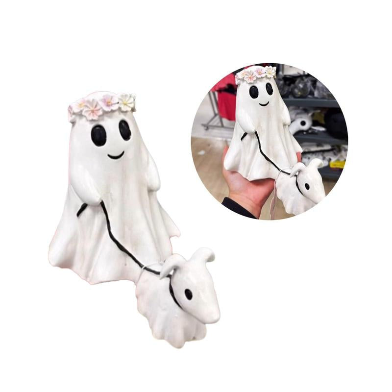 Ghost Walking Dog Statue – Cute Resin Figurine for Porch, Garden & Shelf, Indoor/Outdoor Spooky Halloween Decoration