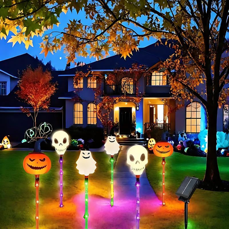 6 Pack Halloween Solar Pumpkin & Skull Lights – IP44 Waterproof Ground Stakes for Pathways, Lawns, Courtyards & Spooky Party Décor