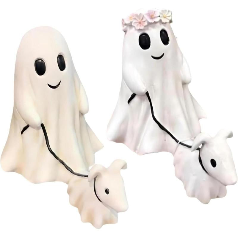 Ghost Walking Dog Statue – Cute Resin Figurine for Porch, Garden & Shelf, Indoor/Outdoor Spooky Halloween Decoration