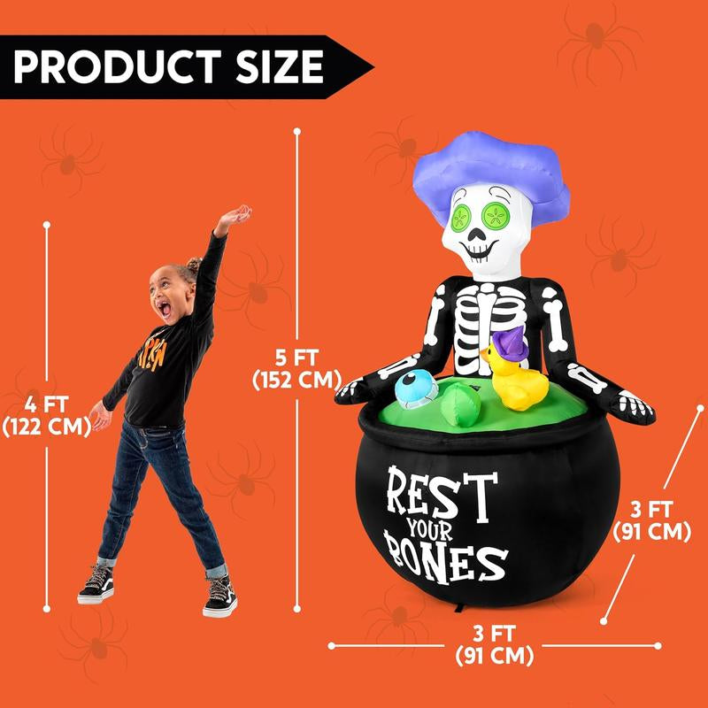 5 FT Halloween Inflatable Skeleton Cauldron with Bubble Machine & LED Lights – Outdoor Blow Up Yard Decoration