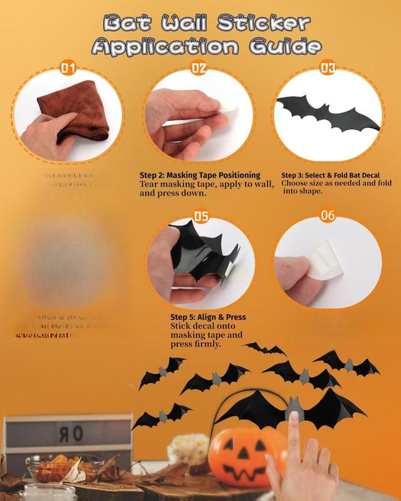 120 Pcs Halloween 3D Bat Decorations β Waterproof Wall & Window Stickers, Indoor/Outdoor Scary Party Supplies (4 Sizes, Black)