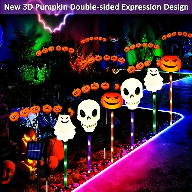 6 Pack Halloween Solar Pumpkin & Skull Lights – IP44 Waterproof Ground Stakes for Pathways, Lawns, Courtyards & Spooky Party Décor
