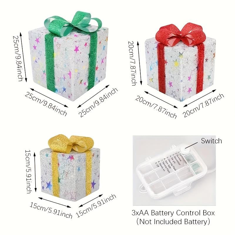 3 Piece Christmas Lighted Gift Box Set with Remote – Festive Ribbon Decorations with Warm Glow for Indoor/Outdoor Use