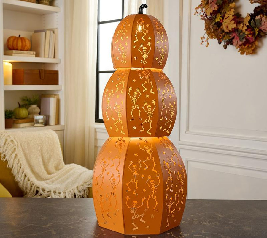 Home Reflections Set of 3 Lighted Metal Stackable Skeleton Pumpkins – Halloween Indoor/Outdoor Decoration