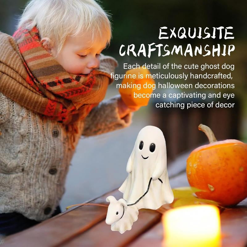 Ghost Walking Dog Statue – Cute Resin Figurine for Porch, Garden & Shelf, Indoor/Outdoor Spooky Halloween Decoration