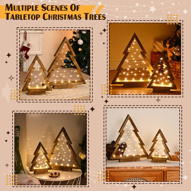 Modern Farmhouse Wooden Christmas Tree Set of 2 with Lights – Tabletop, Mantel & Shelf Holiday Décor Gift