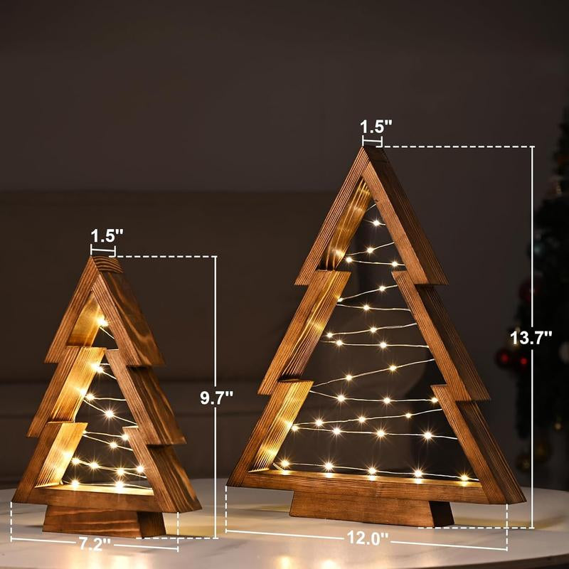 Modern Farmhouse Wooden Christmas Tree Set of 2 with Lights – Tabletop, Mantel & Shelf Holiday Décor Gift