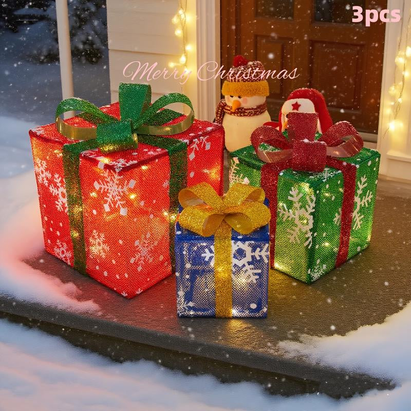 3 Piece Christmas Lighted Gift Box Set with Remote – Festive Ribbon Decorations with Warm Glow for Indoor/Outdoor Use
