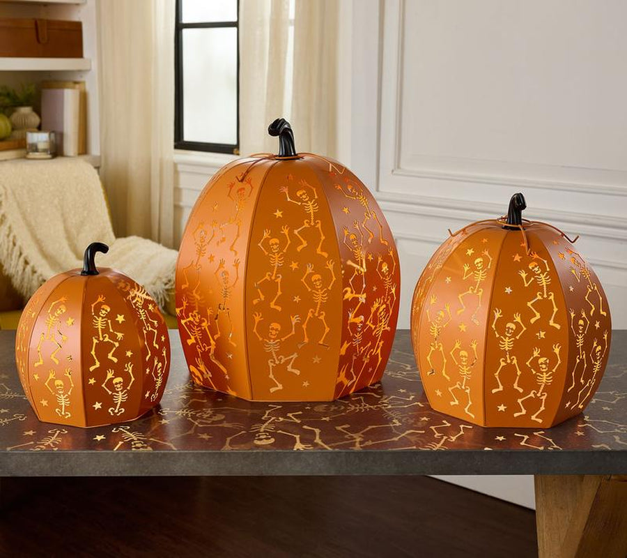 Home Reflections Set of 3 Lighted Metal Stackable Skeleton Pumpkins – Halloween Indoor/Outdoor Decoration