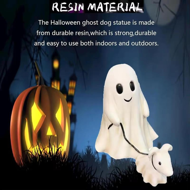 Ghost Walking Dog Statue – Cute Resin Figurine for Porch, Garden & Shelf, Indoor/Outdoor Spooky Halloween Decoration