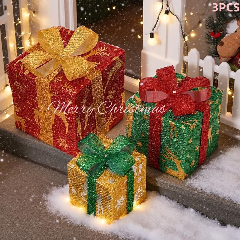 3 Piece Christmas Lighted Gift Box Set with Remote – Festive Ribbon Decorations with Warm Glow for Indoor/Outdoor Use