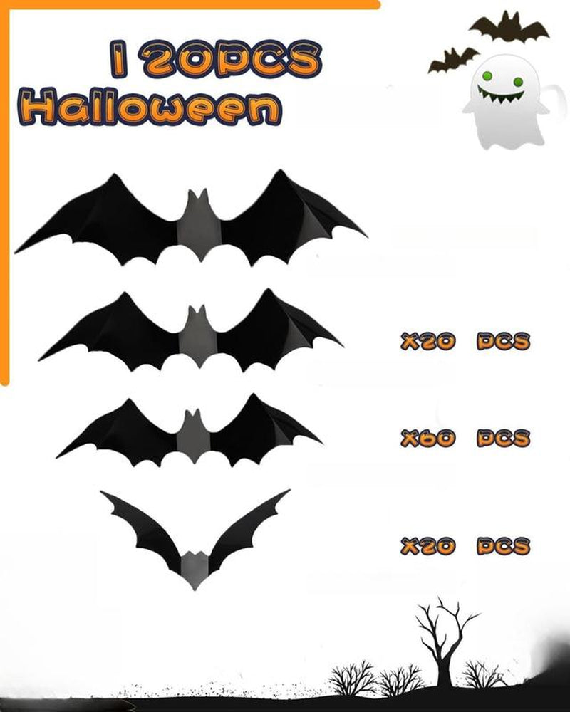 120 Pcs Halloween 3D Bat Decorations β Waterproof Wall & Window Stickers, Indoor/Outdoor Scary Party Supplies (4 Sizes, Black)