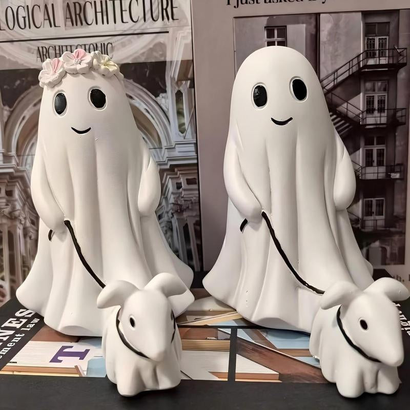 Ghost Walking Dog Statue – Cute Resin Figurine for Porch, Garden & Shelf, Indoor/Outdoor Spooky Halloween Decoration