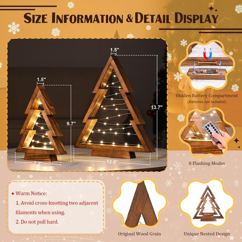Modern Farmhouse Wooden Christmas Tree Set of 2 with Lights – Tabletop, Mantel & Shelf Holiday Décor Gift