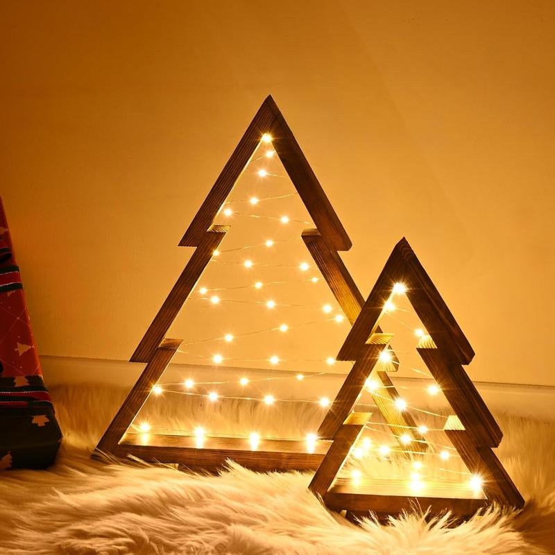 Modern Farmhouse Wooden Christmas Tree Set of 2 with Lights – Tabletop, Mantel & Shelf Holiday Décor Gift