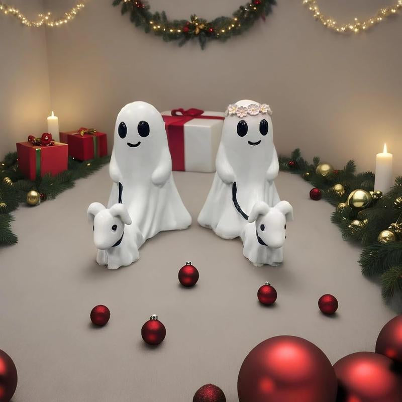 Ghost Walking Dog Statue – Cute Resin Figurine for Porch, Garden & Shelf, Indoor/Outdoor Spooky Halloween Decoration