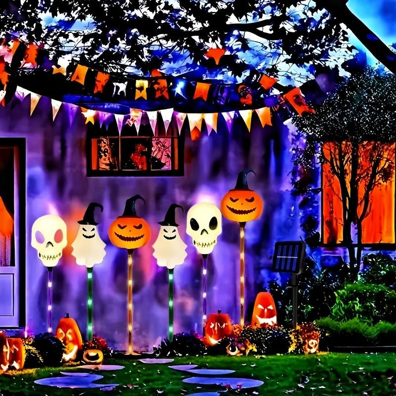 6 Pack Halloween Solar Pumpkin & Skull Lights – IP44 Waterproof Ground Stakes for Pathways, Lawns, Courtyards & Spooky Party Décor