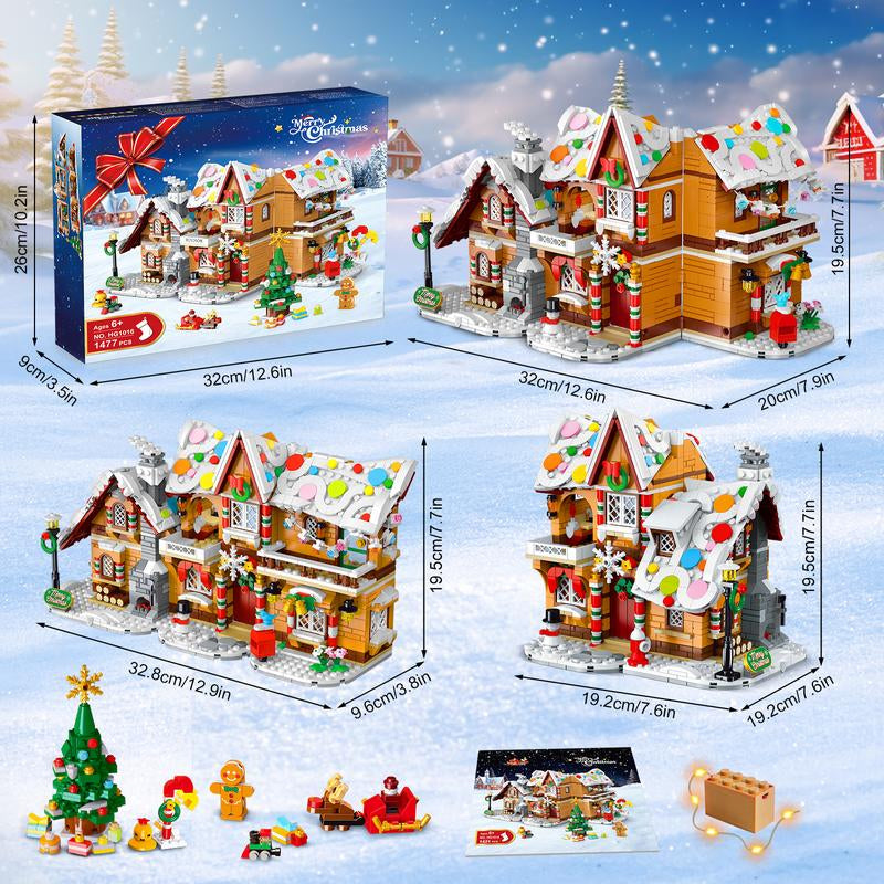 2025 Christmas Snowscape Village Building Set – Gingerbread House with LED Lights, Santa, Xmas Tree & Train, 1477 PCS, Gift for Kids & Adults 6+
