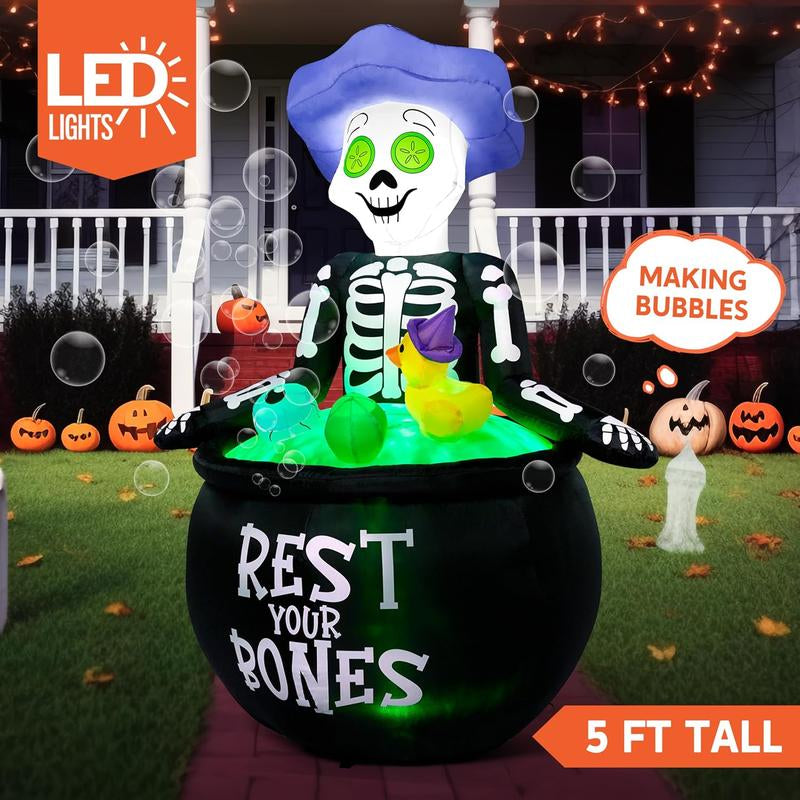 5 FT Halloween Inflatable Skeleton Cauldron with Bubble Machine & LED Lights – Outdoor Blow Up Yard Decoration