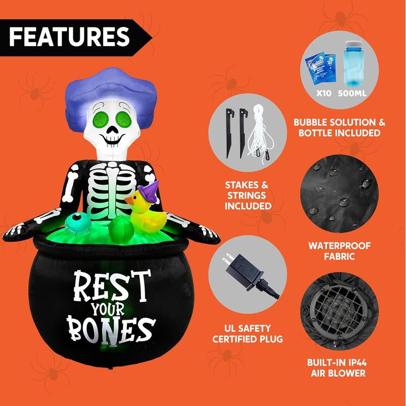 5 FT Halloween Inflatable Skeleton Cauldron with Bubble Machine & LED Lights – Outdoor Blow Up Yard Decoration