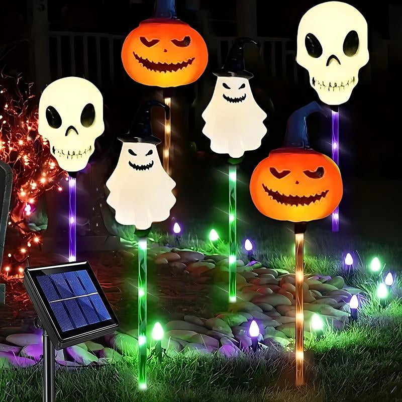 6 Pack Halloween Solar Pumpkin & Skull Lights – IP44 Waterproof Ground Stakes for Pathways, Lawns, Courtyards & Spooky Party Décor