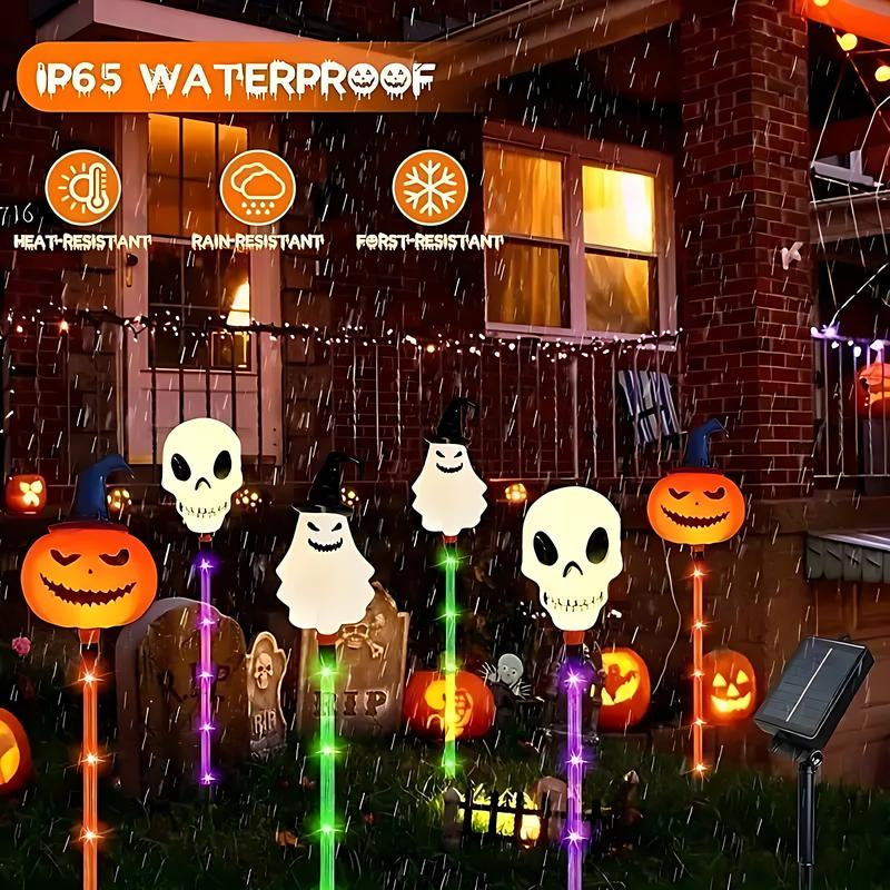 6 Pack Halloween Solar Pumpkin & Skull Lights – IP44 Waterproof Ground Stakes for Pathways, Lawns, Courtyards & Spooky Party Décor