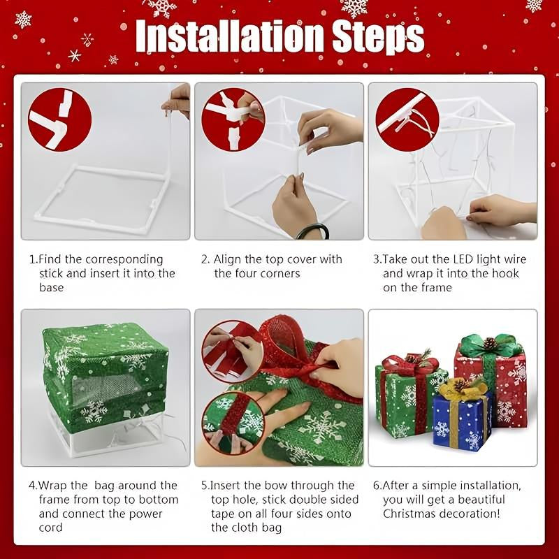 3 Piece Christmas Lighted Gift Box Set with Remote – Festive Ribbon Decorations with Warm Glow for Indoor/Outdoor Use