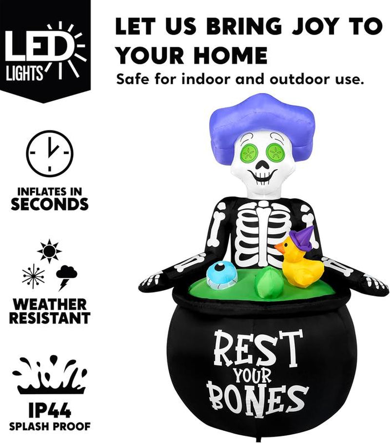 5 FT Halloween Inflatable Skeleton Cauldron with Bubble Machine & LED Lights – Outdoor Blow Up Yard Decoration