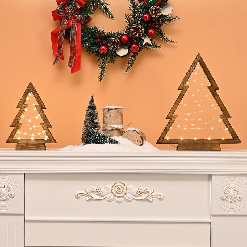 Modern Farmhouse Wooden Christmas Tree Set of 2 with Lights – Tabletop, Mantel & Shelf Holiday Décor Gift