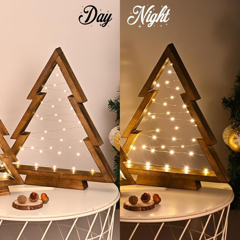 Modern Farmhouse Wooden Christmas Tree Set of 2 with Lights – Tabletop, Mantel & Shelf Holiday Décor Gift