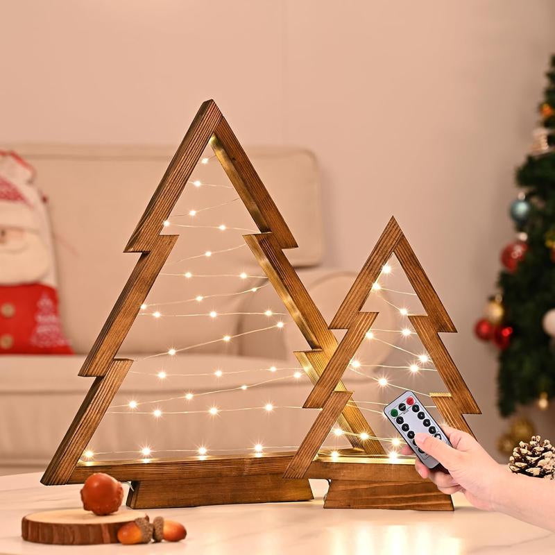 Modern Farmhouse Wooden Christmas Tree Set of 2 with Lights – Tabletop, Mantel & Shelf Holiday Décor Gift