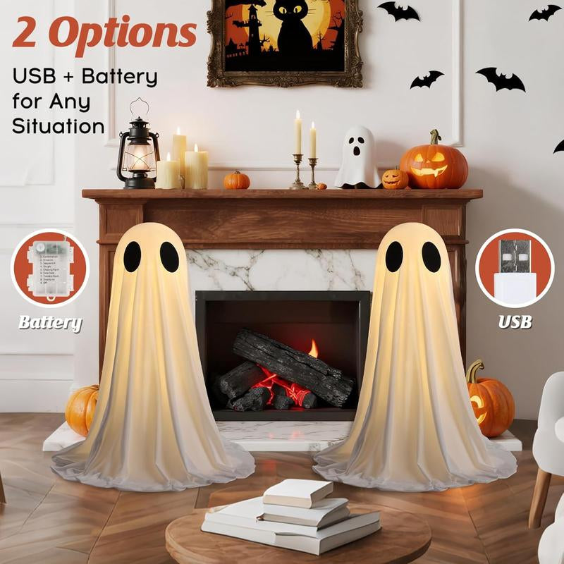 2 Pack Halloween Ghost Decorations with Remote String Lights – USB & Battery Powered Indoor Décor for Mantel, Shelf & Table