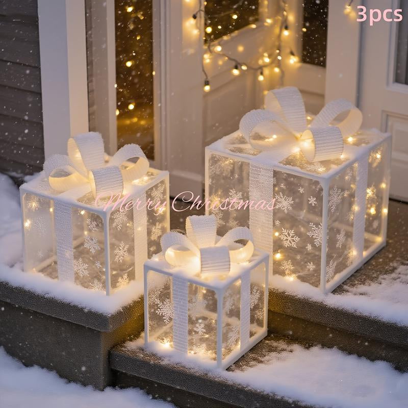 3 Piece Christmas Lighted Gift Box Set with Remote – Festive Ribbon Decorations with Warm Glow for Indoor/Outdoor Use