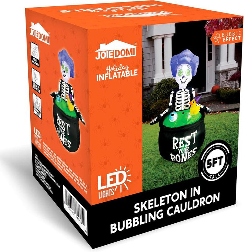 5 FT Halloween Inflatable Skeleton Cauldron with Bubble Machine & LED Lights – Outdoor Blow Up Yard Decoration