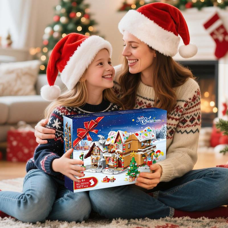 2025 Christmas Snowscape Village Building Set – Gingerbread House with LED Lights, Santa, Xmas Tree & Train, 1477 PCS, Gift for Kids & Adults 6+